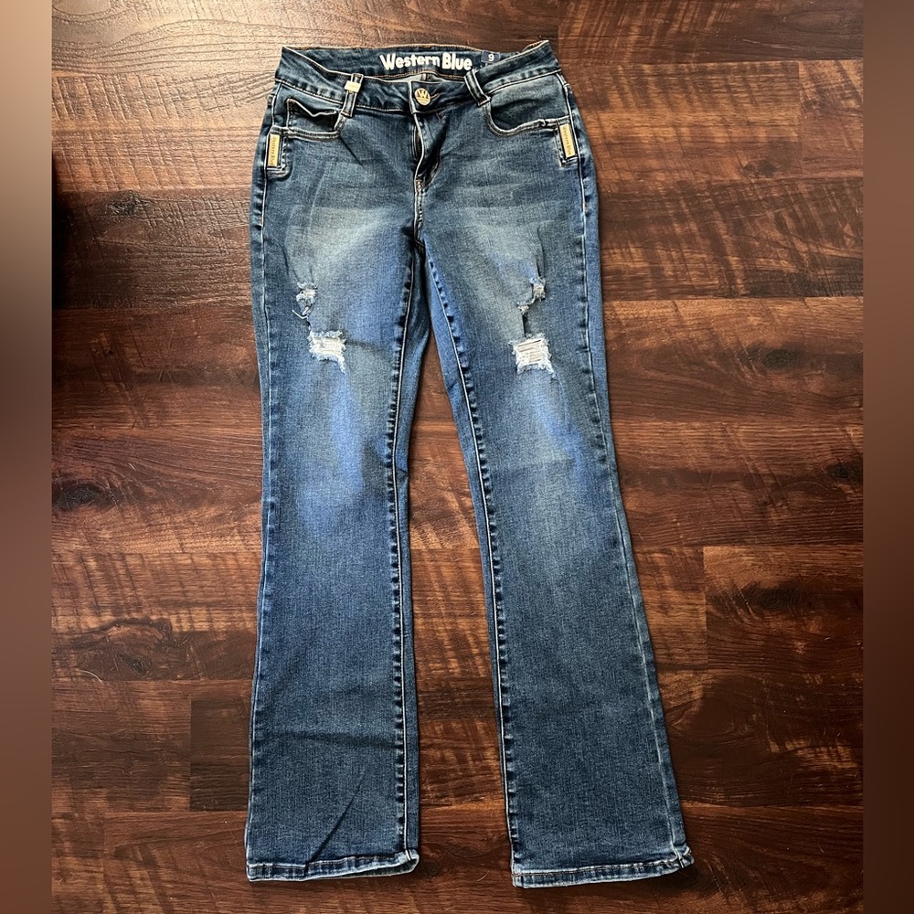 Juniors Distressed Bootcut Jeans - Dark Blue